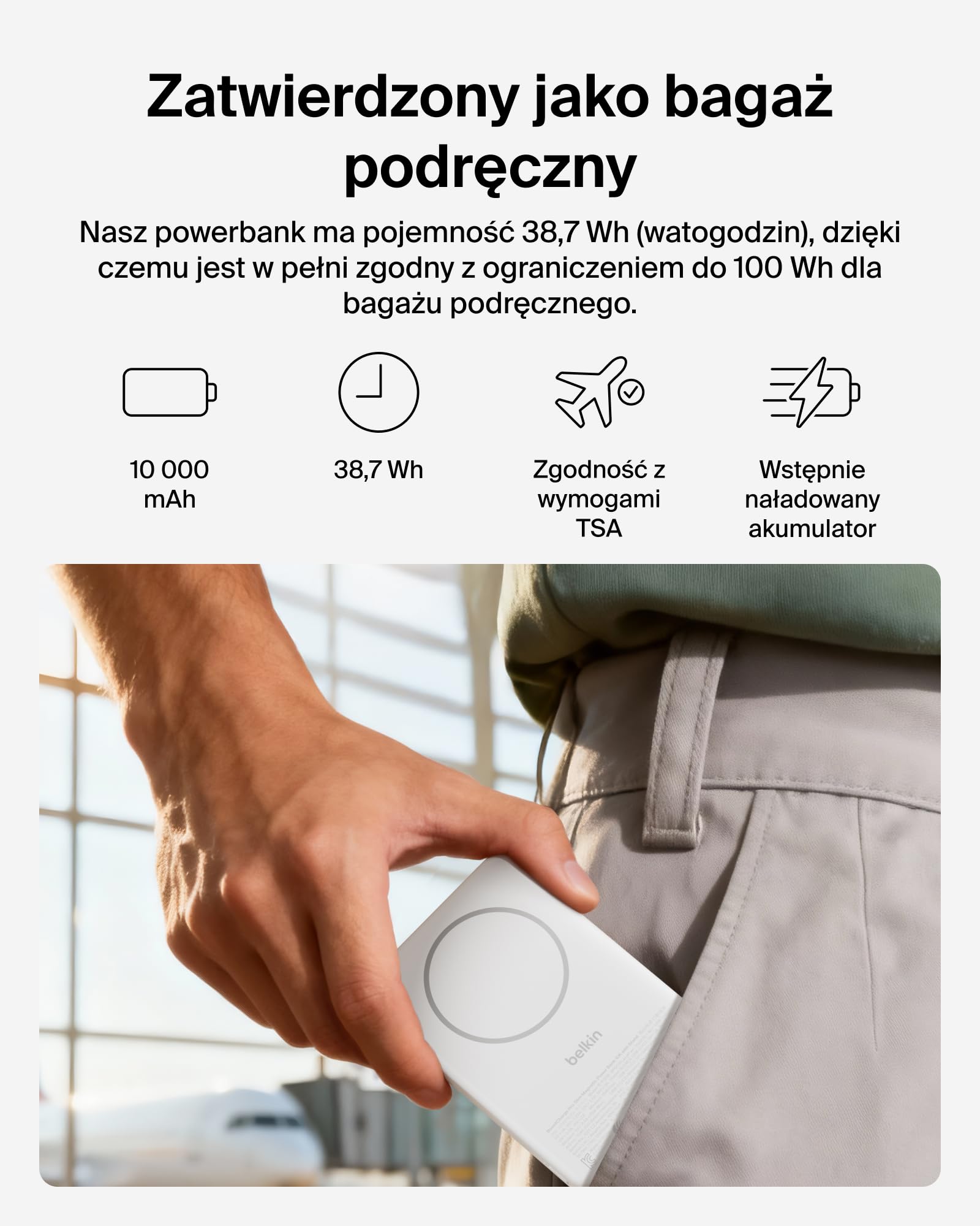 Belkin BoostCharge Niskoprofilowy Magnetyczny Powerbank 10 000 mAh – Biały | Powerbank Bezprzewodowy 10 000 mAh, Certyfikat Qi2, Pierścień Magnetyczny, Port USB-C, Kabel, Podpórka, do Podróży Samolotem