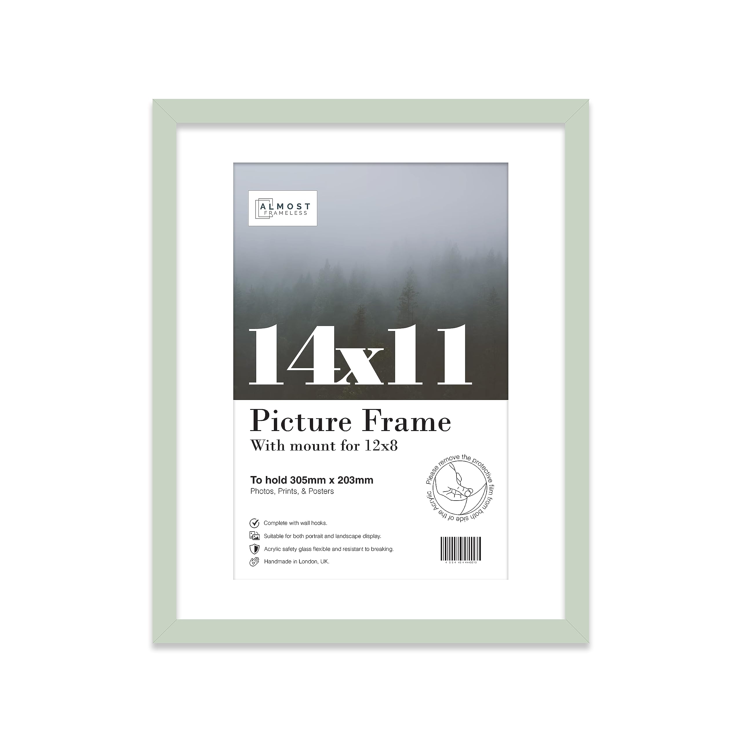 Almost Frameless 14x11 Mint Picture Frame With Mount for 12x8 Print, Poster or Photo Poster, Photo, Artwork, or Print. Thin Edge Slim Frame Portrait and Landscape Display with Wall Hooks