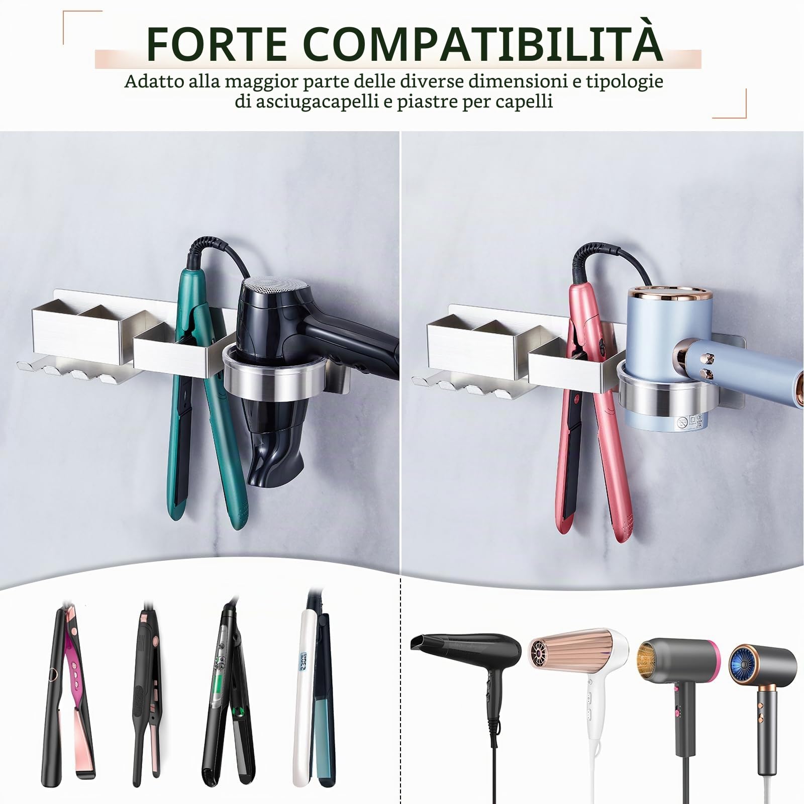 Porta phon e piastra, Porta phon da muro, Porta piastra per capelli, Porta asciugacapelli con 2 Scomparti E Supporto per Cavo, in acciaio inox Porta Phone Bagno da Muro, Supporto per asciugacapelli