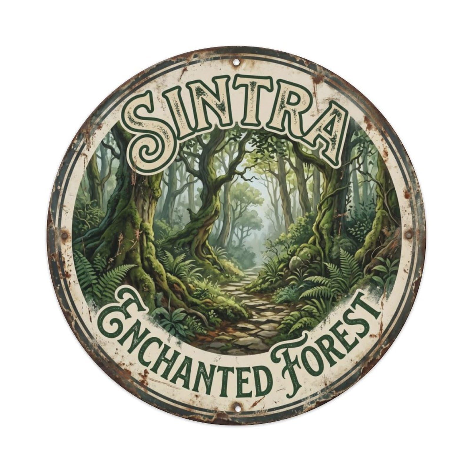 Vintage Travel Woodland Portugal Forest Metal Tin Sign Plaque Wall Decor for Cafe, Club Bar, Office, Home Garden Round Metal Poster 8x8Inch