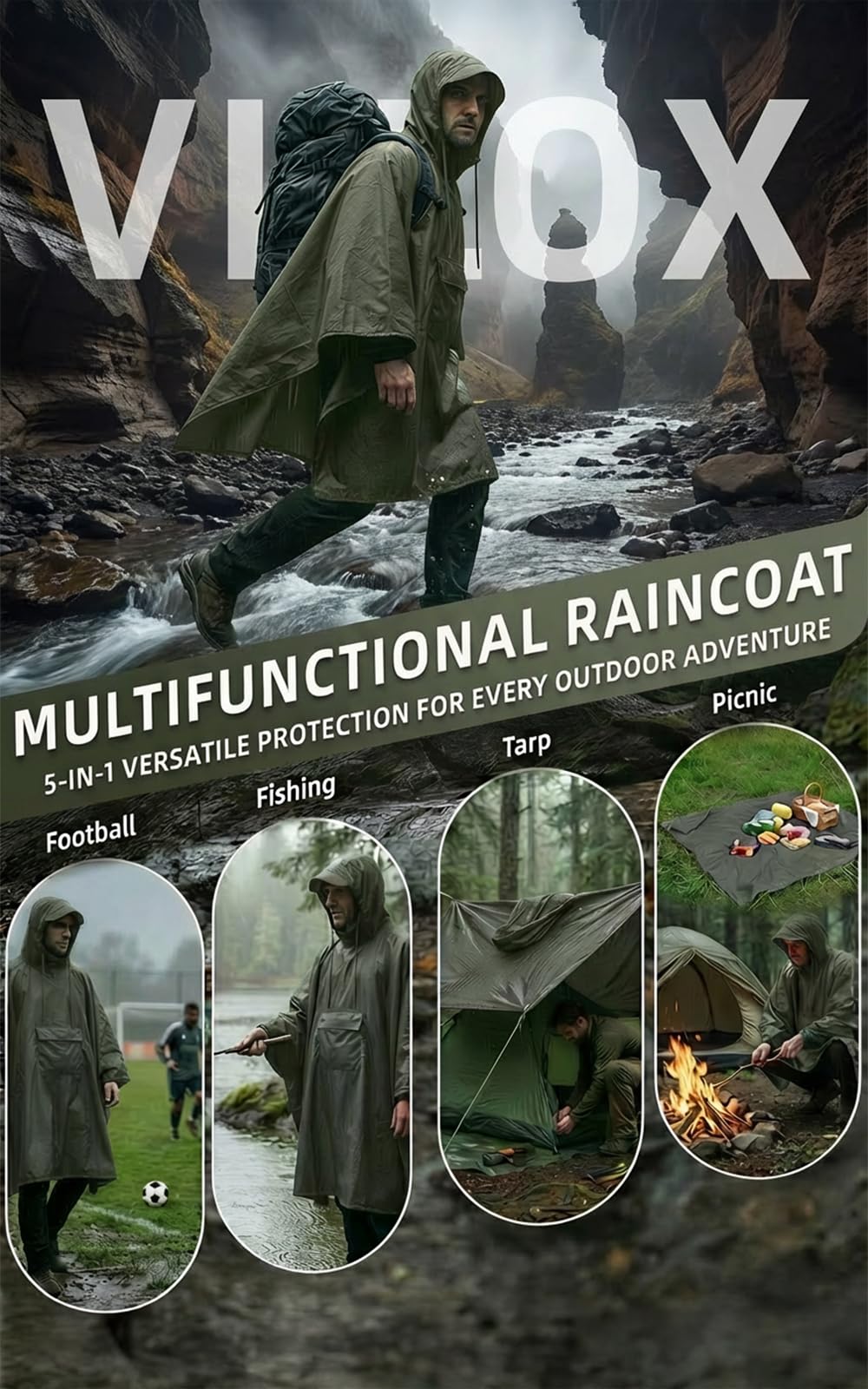 Wasserdichter Regenponcho, Leicht Atmungsaktiv Regencape, Unisex Regencape mit Kapuze, 3-in-1-Multifunktional Regenmantel Regenschutz Regen Poncho für Wandern, Camping, Angeln, Fahrrad