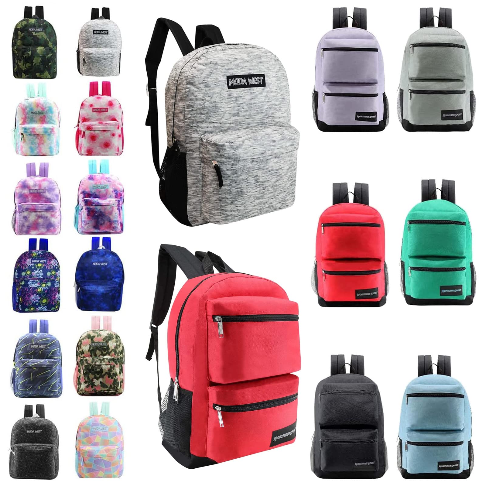Moda West24 Pack - 17" Classic Padded Bulk Backpacks - Wholesale Case of Bookbags, 18 Assorted V2, 24 Pack, Sport