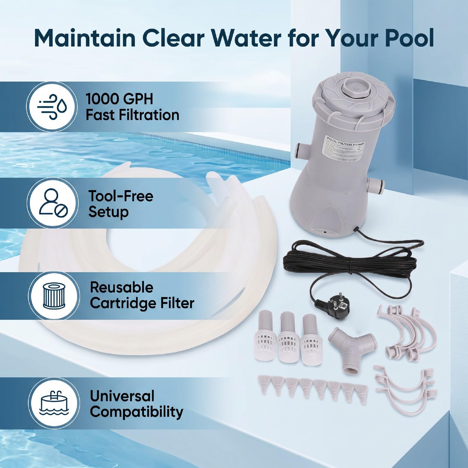 Generic Pompa Filtro per Piscina Pompa a Cartuccia Durevole da 1000 GPH per Piscine Fuori Terra Dimensioni Compatte e Facili da Usare