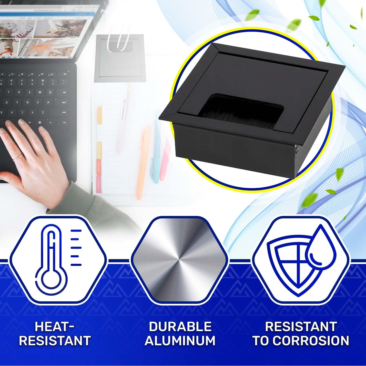 Desk Cable Grommet 80 x 80 mm H28 mm Black Colour - Desk Grommet is Made of Aluminium with Brush - Warranty 10 Years - MONTERAL - Image 3
