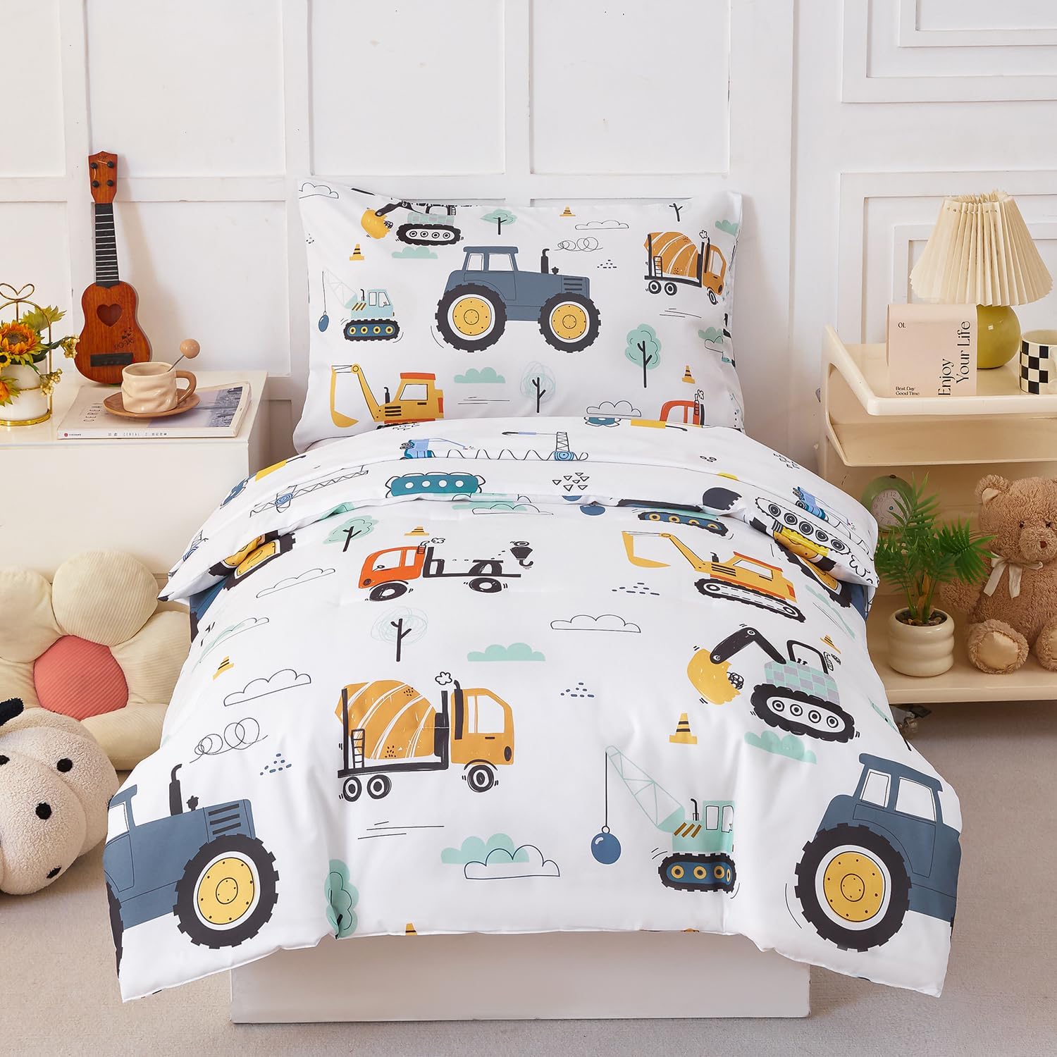 PERFEMET Car Printed Toddler Comforter Set, 4 Pieces Toddler Bedding Sets for Boys, Reversible Tractors Pattern Teen Boy Bed in A Bag Comforter Set with Sheets (Tractor, Toddler)