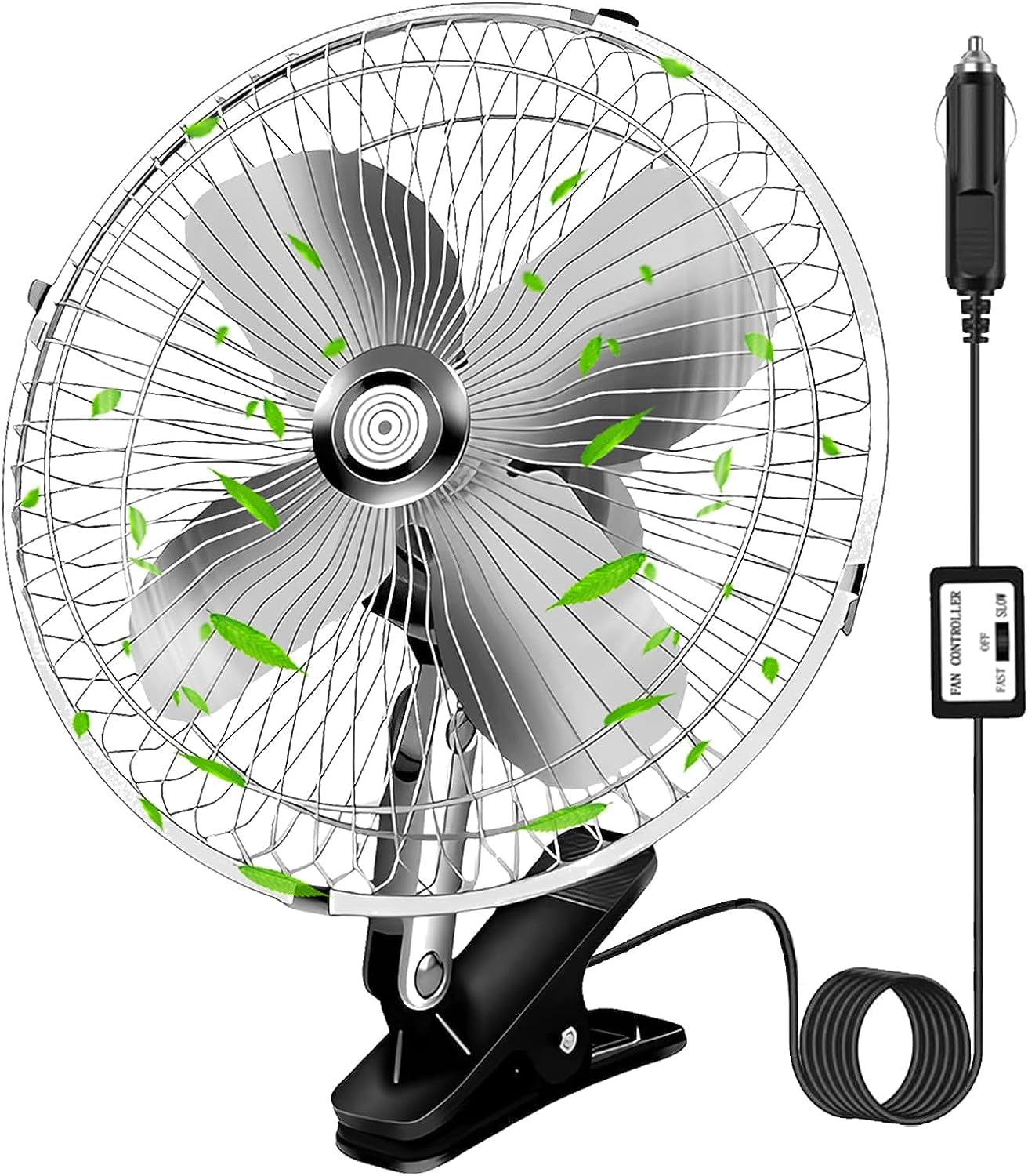 10-Inch Silver Cigarette Lighter Fan, Two-Speed Adjustment Golf Cart Fan, 360-Degree Rotation Truck Fan, Clip-On Design 12 Volt Fan, Perfect for Cars, Trucks, RVs and More