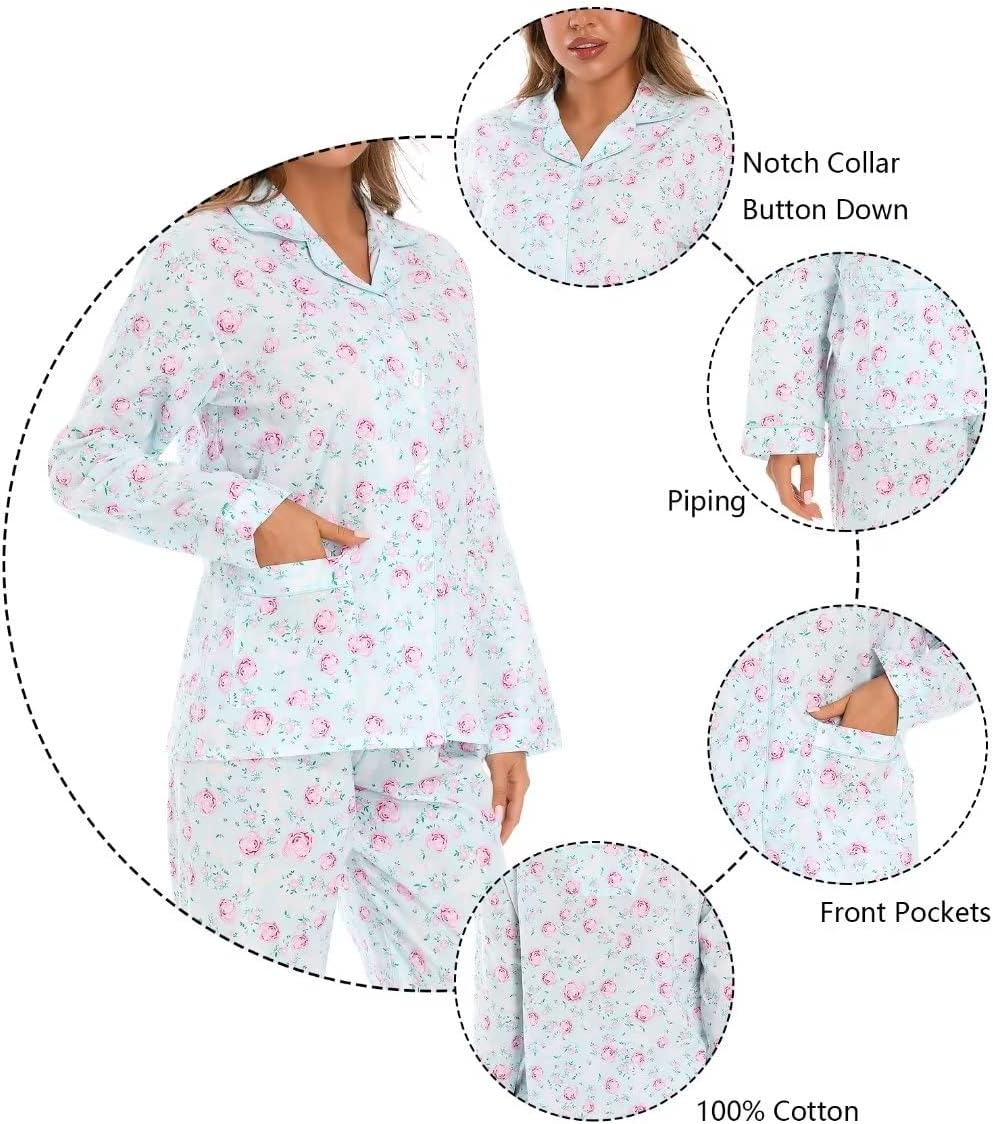 GLOBAL Womens 100% cotton pajamas set with long sleeve button down pjs 2 piece nightwear button fly sleepwear bottom drawstring waist pajama - Image 3