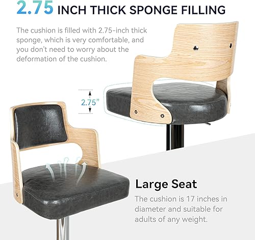 Miniatura 5 de Miereirl Juego de 2 taburetes de bar de altura Morden con respaldo de madera asiento grueso silla giratoria ajustable para el hogar cocina isla gris