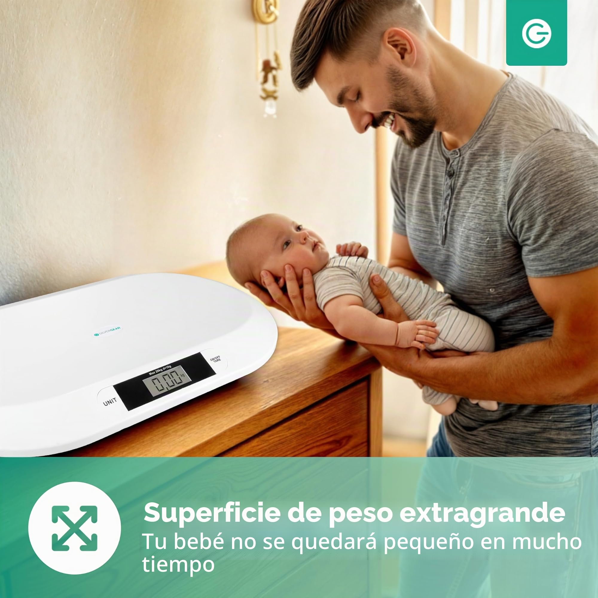 Silvergear Báscula Digital para Bebés 20 kg LED Control de Peso 54,5 x 31,5 cm Blanco