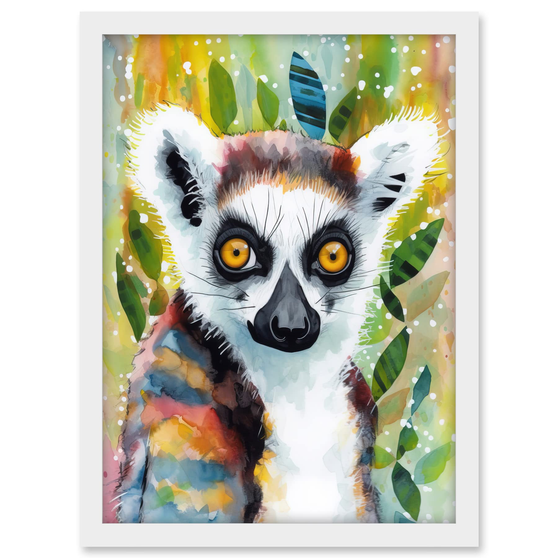 Artery8 Lemur Portrait Folk Art Watercolour Painting Artwork Framed A3 Wall Art Print