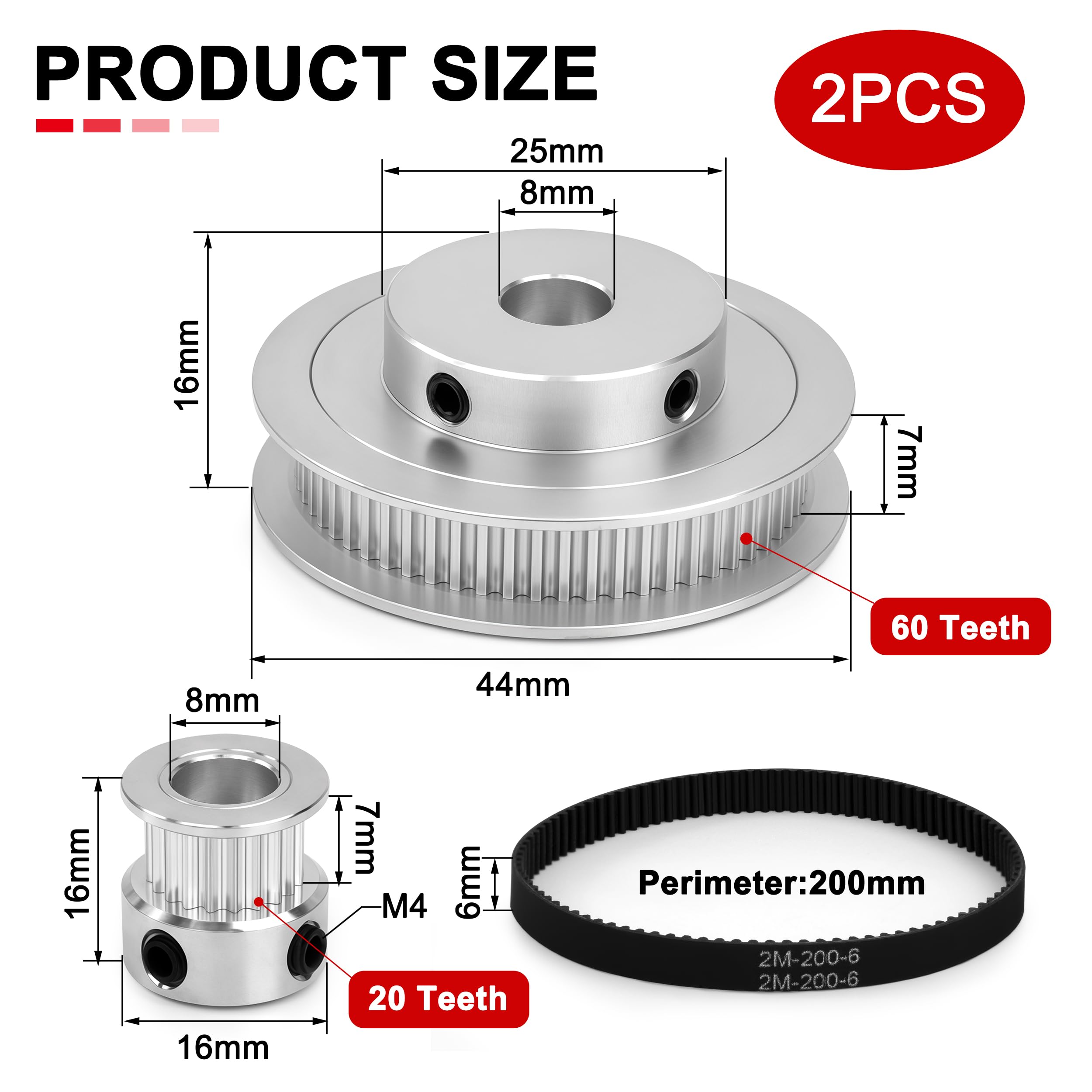 Polea Sincronización GT2 20 & 60 Dientes 5mm Aluminio Correa 200x6mm para Impresora 3D