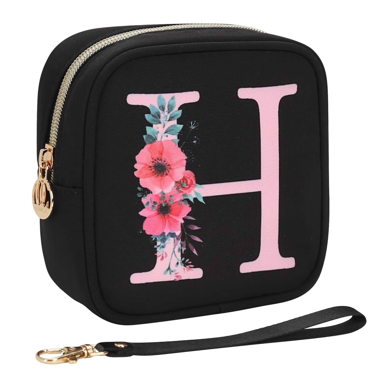 RelavelInitial Mini Makeup Bag for Girls, Small Makeup Bag for Purse with Zipper ＆ Removable Handle, Portable Makeup Pouch Lipstick Skincare Bag, Small Gift Cosmetic Bags for Women Girls(Black H) Initial with flower