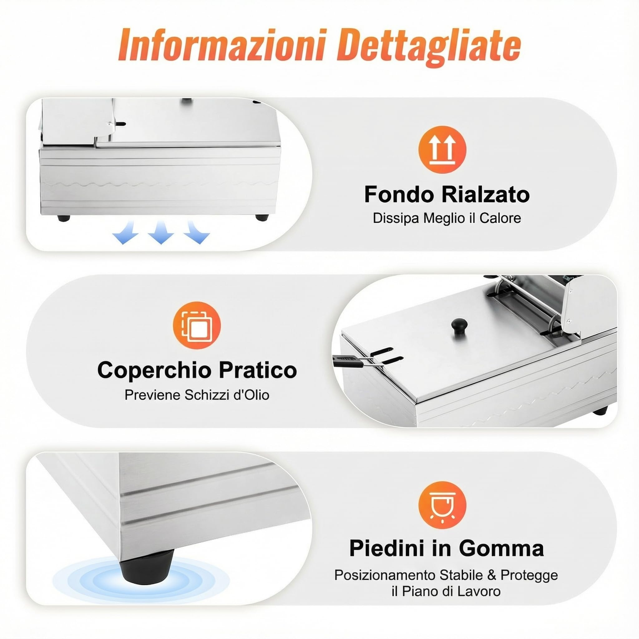 Friggitrice elettrica 2500 W commerciale in acciaio inox 6L con scolapiatti e coperchio, controllo della temperatura in acciaio inox, friggitrice rettangolare grande dispositivo per gastronomia, uso