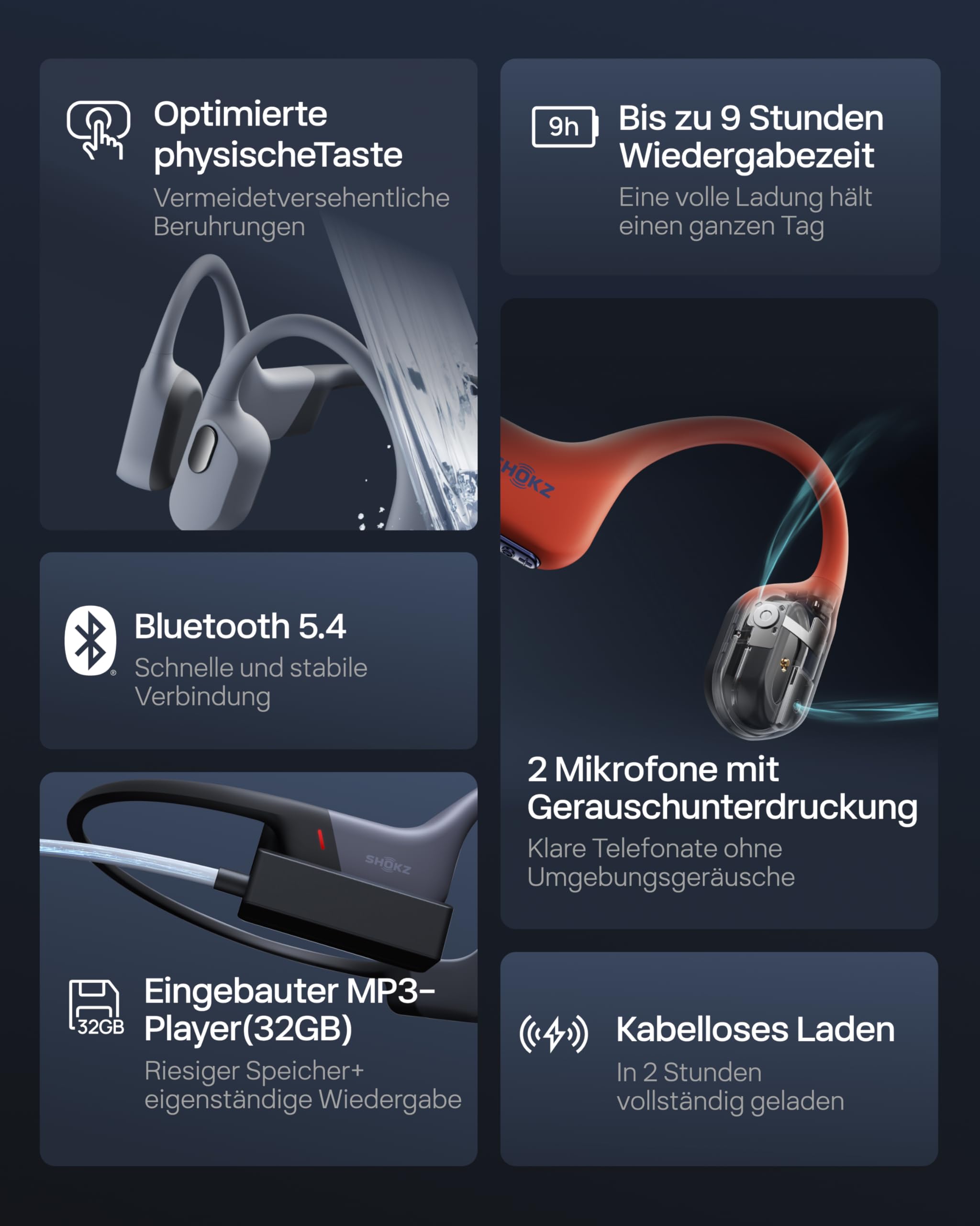 SHOKZ OpenSwim Pro Knochenschall Schwimmen Kopfhörer, IP68 Wasserdicht, 32GB MP3 Player, Bluetooth 5.4 Sport Kopfhörer Bluetooth mit Mikros, 9 Std Wiedergabe, Kabellos Aufladen, Schwimmen Laufen-Grau