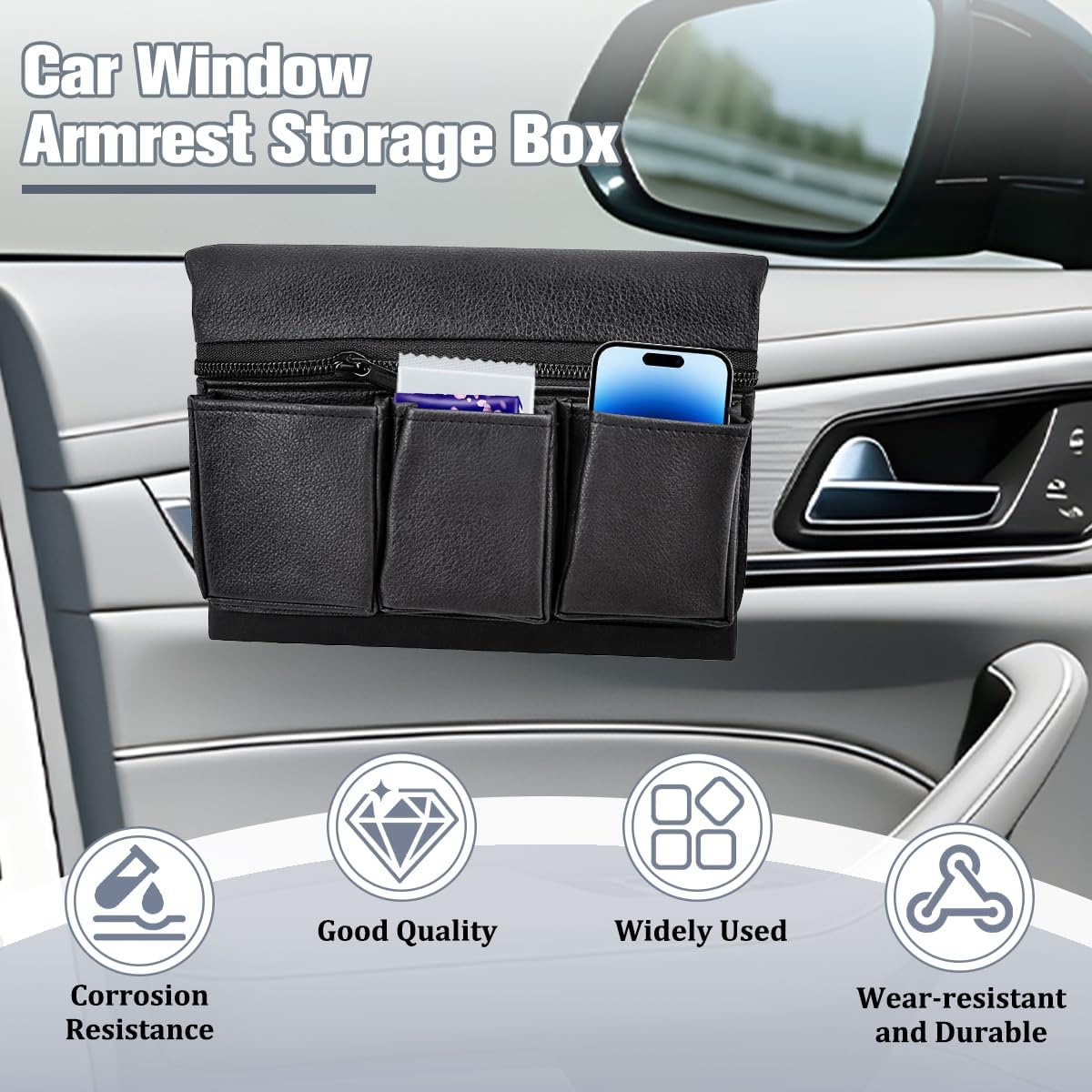 BESULEN Car Window Side Storage Box, Multifunctional Leather Vehicle Side Door Armrest Pad Organizer with Pockets, Auto Window Arm Elbow Rest Storage Bag, Universal for SUV Van Truck (Black)