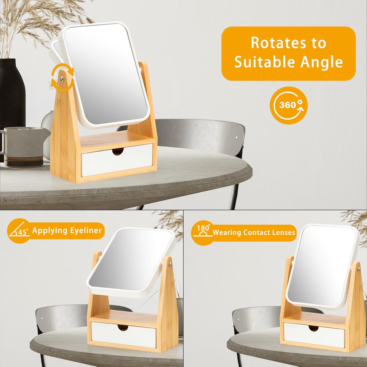 YEAKE Vanity Double Sided Magnifying Makeup Mirror with Storage, Adjustable Natural Bamboo Stand, Portable Desk/Table Mirror, Rectangular