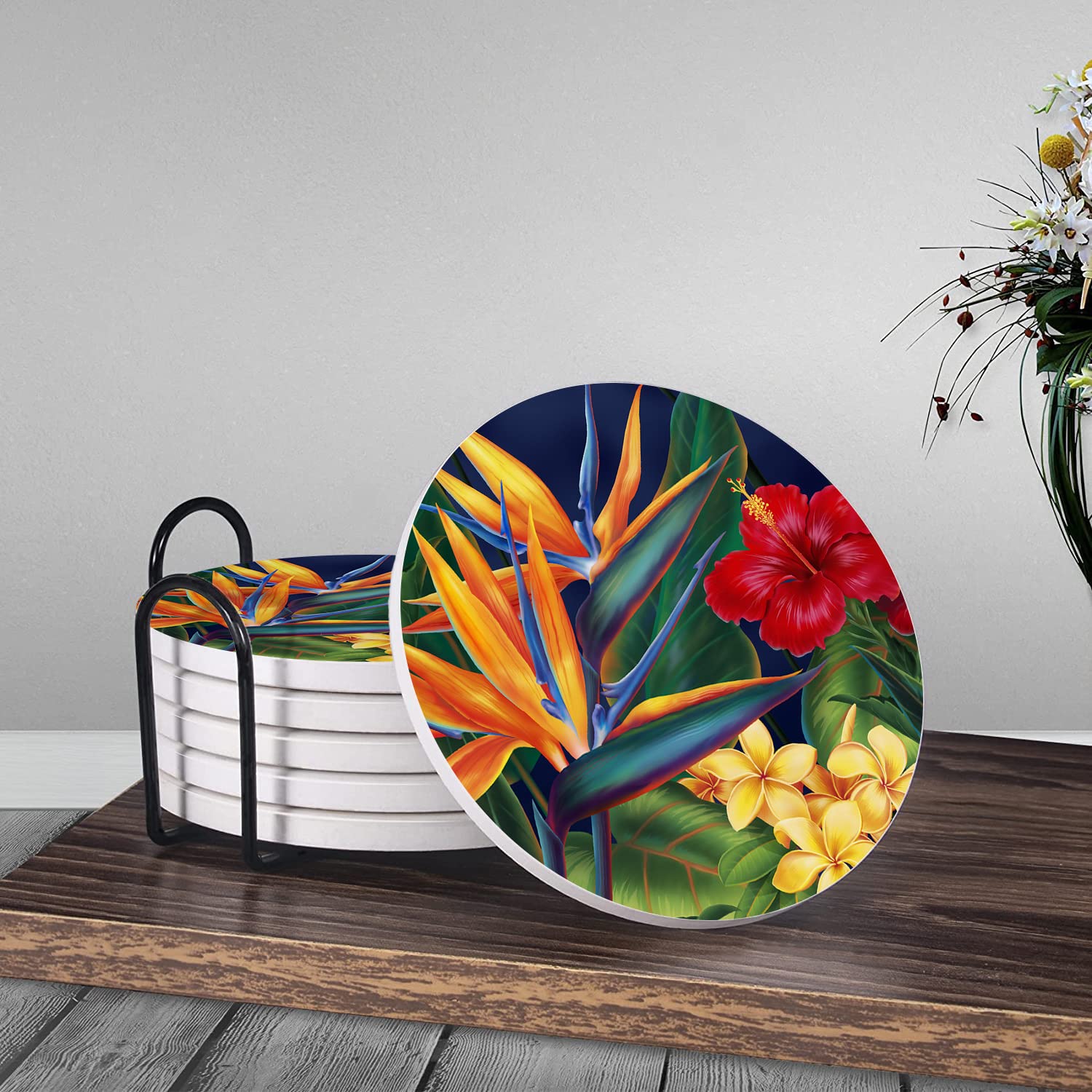 Vibiliyou Coasters for Drinks Tropical Bird of Paradise Absorbent Ceramic Set of 6,Coaster,Round Stone Mat,with Cork Base and Metal Holder for Room Bar Home Decor Housewarming Gifts - Image 3