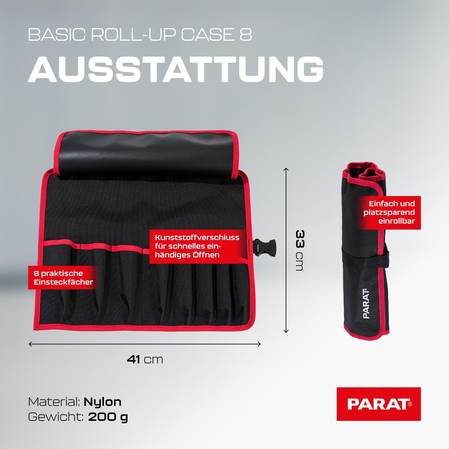 Parat Basic Roll-Up Case 8 5990826991 Tool Bag with 8 Pockets Nylon with Buckle 41 x 33 x 0.5 cm Without Contents