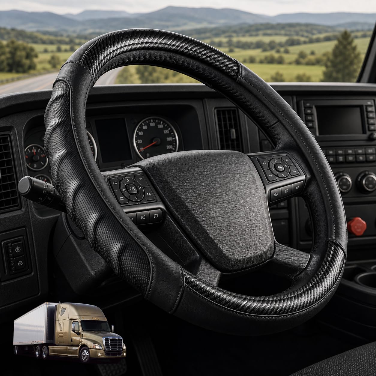 18 Inch Semi Truck Steering Wheel Cover for Freightliner Cascadia, Kenworth T680 T880, Peterbilt 579 &amp; Volvo VNL – Heavy Duty Anti-Slip Leather Grip for Big Rig Class 8 Trucks – Black