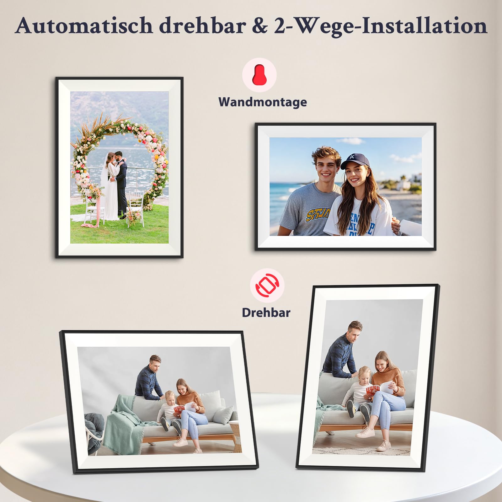 Frameo Marco de Fotos Digital WiFi de 10,1 Pulgadas, Pantalla táctil IPS HD de 1280 x 800, Marco de Fotos de 32 GB, rotación automática, Montaje en Pared, Compartir Fotos a través de la aplicación