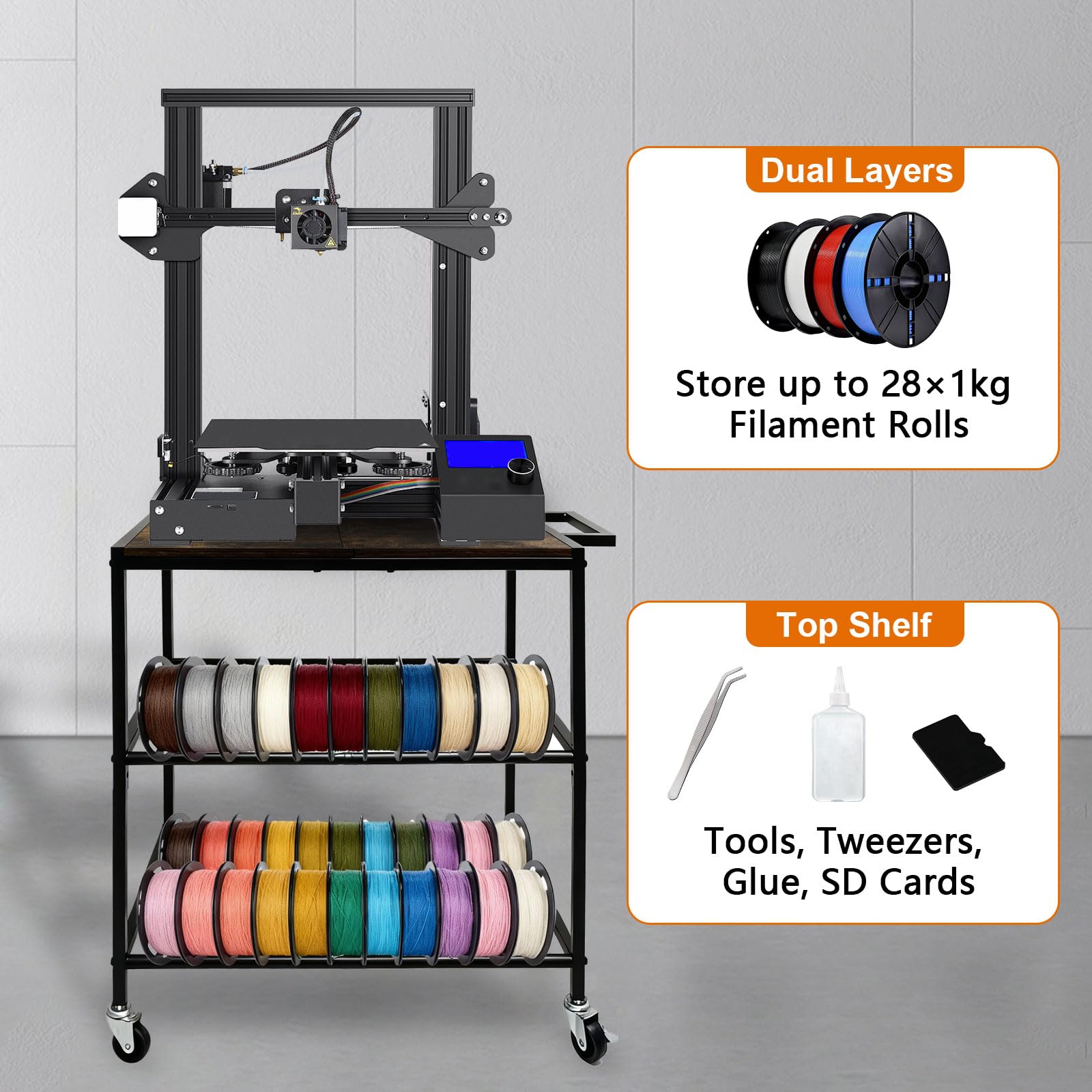 3d Drucker Filament Lagerregal Mit Rädern, Mobiles Druckerregal Aufbewahrungsregal Schweres Spulenhalter 3 Etagen Druckerzubehör Organizer Schreibtisch Für Druckstation Büro Werkstatt