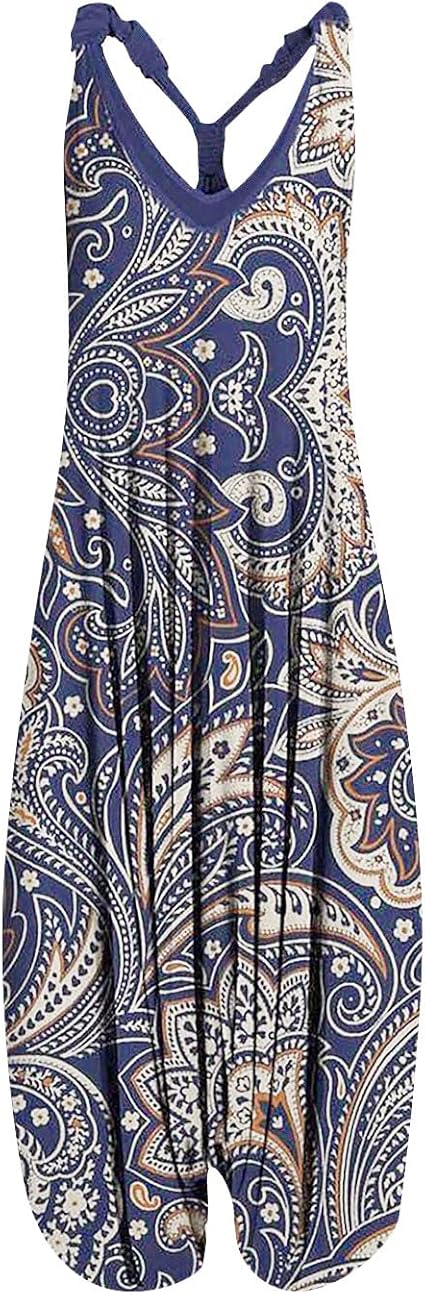 OIOLOYJM Summer Plus Size Boho Overalls for Women 2025 Fashion Jumpsuits Loose Fit Rompers Floral Printed Baggy Harem Pants