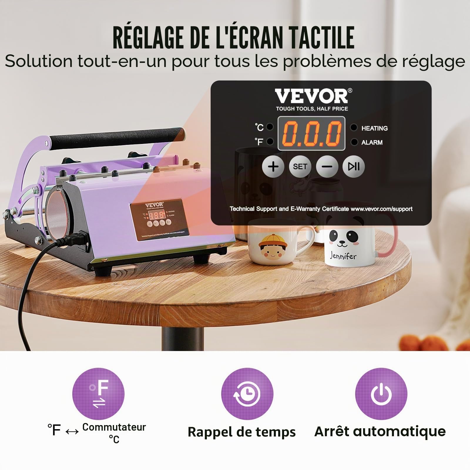 VEVOR Presse à Chaud pour Tasses 32,5-89 cL, Presse pour l'Impression de Tasse 75-87 mm de Diamètre, Machine de Sublimation avec Papier de Sublimation, pour Transférer Images sur Mug Gobelet, Violet