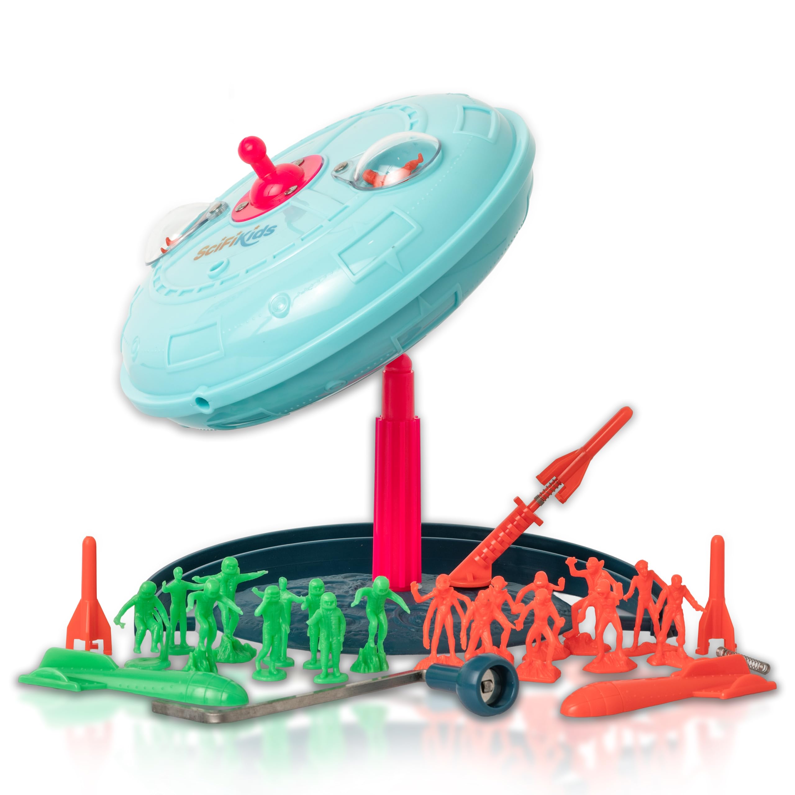 Retro Mystery Spaceship (Blue) – Wind-Up Gyroscope Toy for Boys and Girls, Classic Space Toy for Kids, STEM Science Physics Toy with Spacemen & Spring-loaded Rockets, Vintage Mechanical Toy, Age 5+