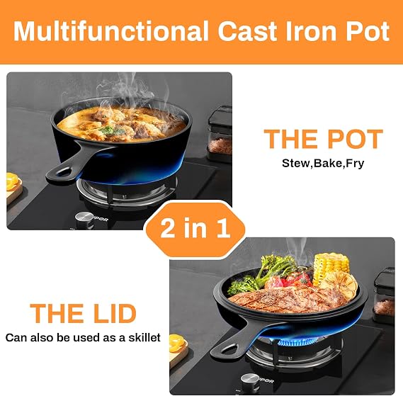 LIFERUN Cast Iron Skillet with Lid - 2-in-1 Multi-Cooker: Deep Pot (2.9 Qt) + Frying Pan (1.27 Qt), Dutch Oven, Oven Cookware - For Stove, Grill, Campfire