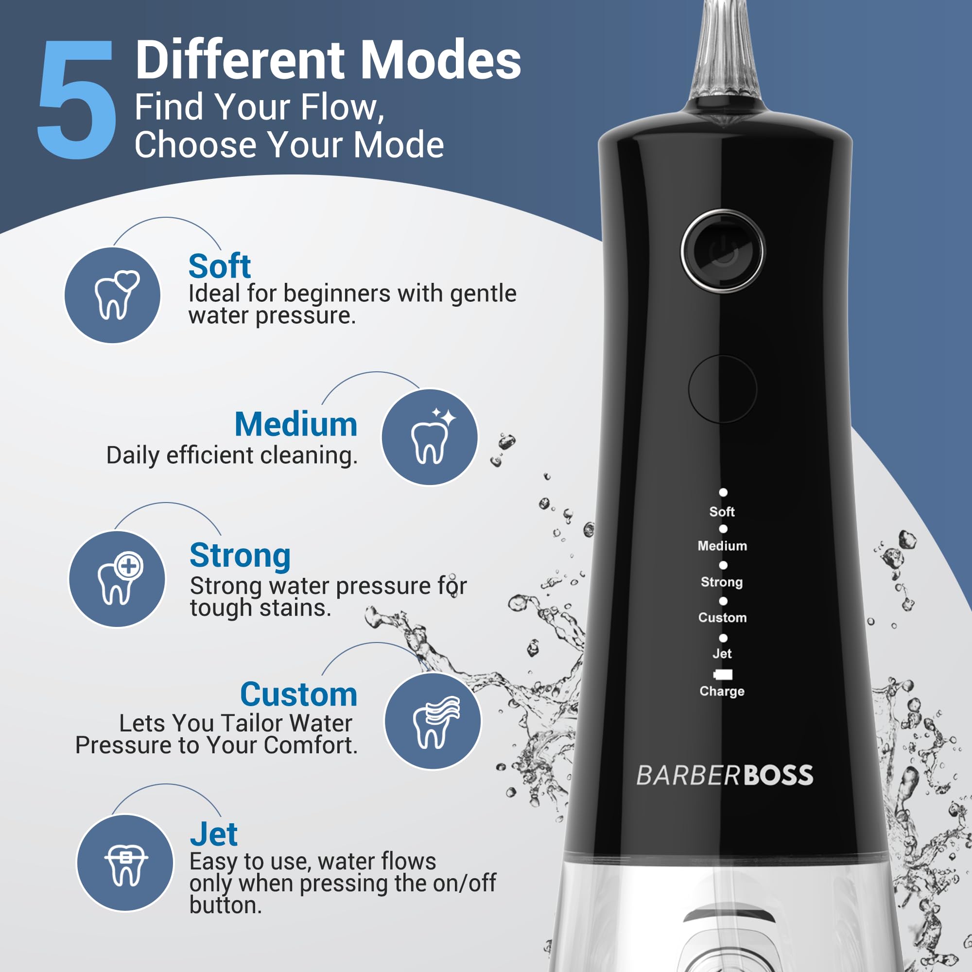 BarberBoss Hydropulseur sans fil, irrigateur buccal avec 4 embouts de jet et 5 modes de pression, nettoyeur professionnel pour dents et gencives, réservoir d'eau de 340 ml et étanchéité IPX8, QR-7105