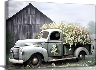 Rustic Truck Canvas Wall Art Vintage Farmhouse Sage Green Blush Petunia Painting Picture Wall Decor Country Landscape Poster Print Artwork for Farm Bedroom Office Living Room Home Decoration