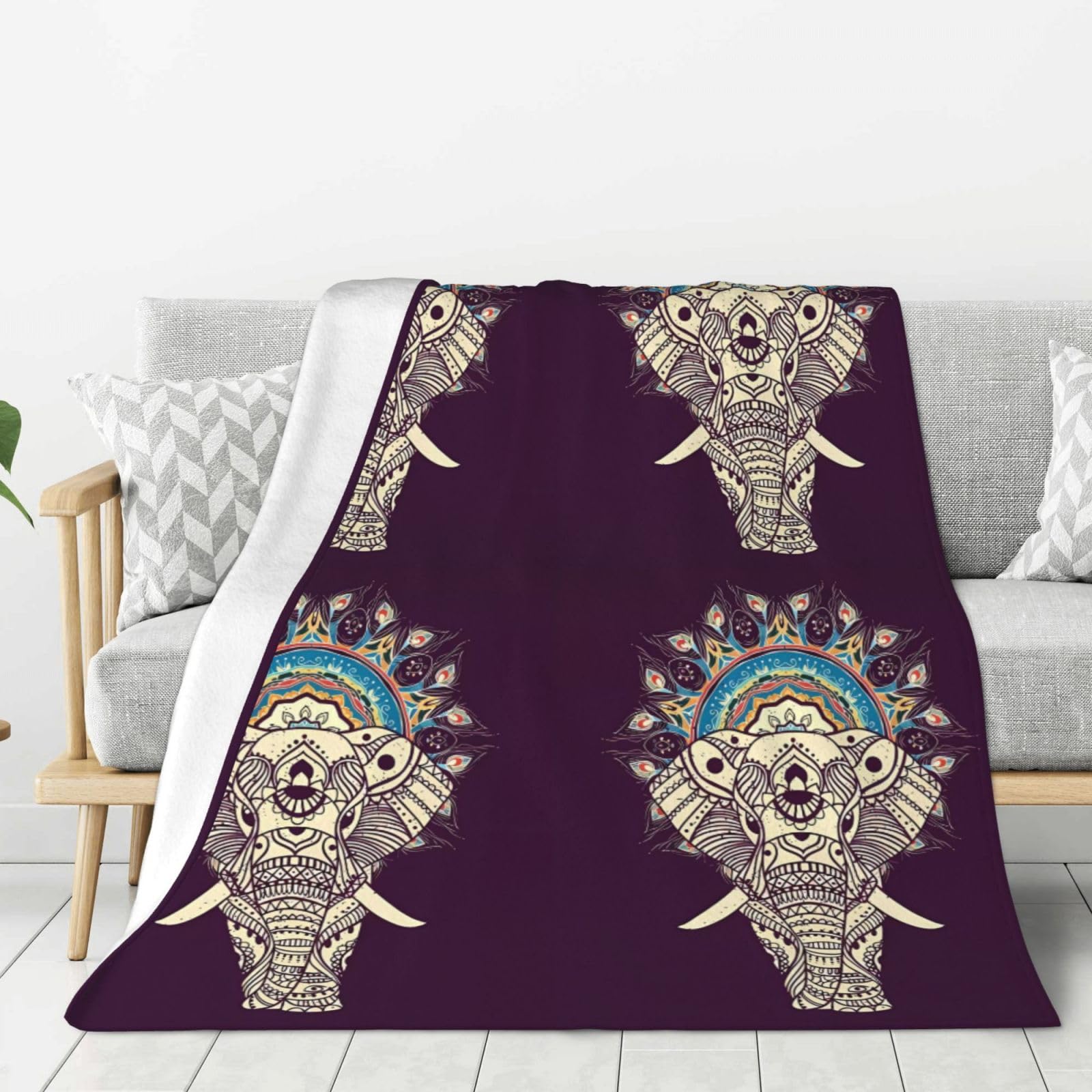 Couverture en flanelle chaude et légère grand plaid bohème éléphant pour lit