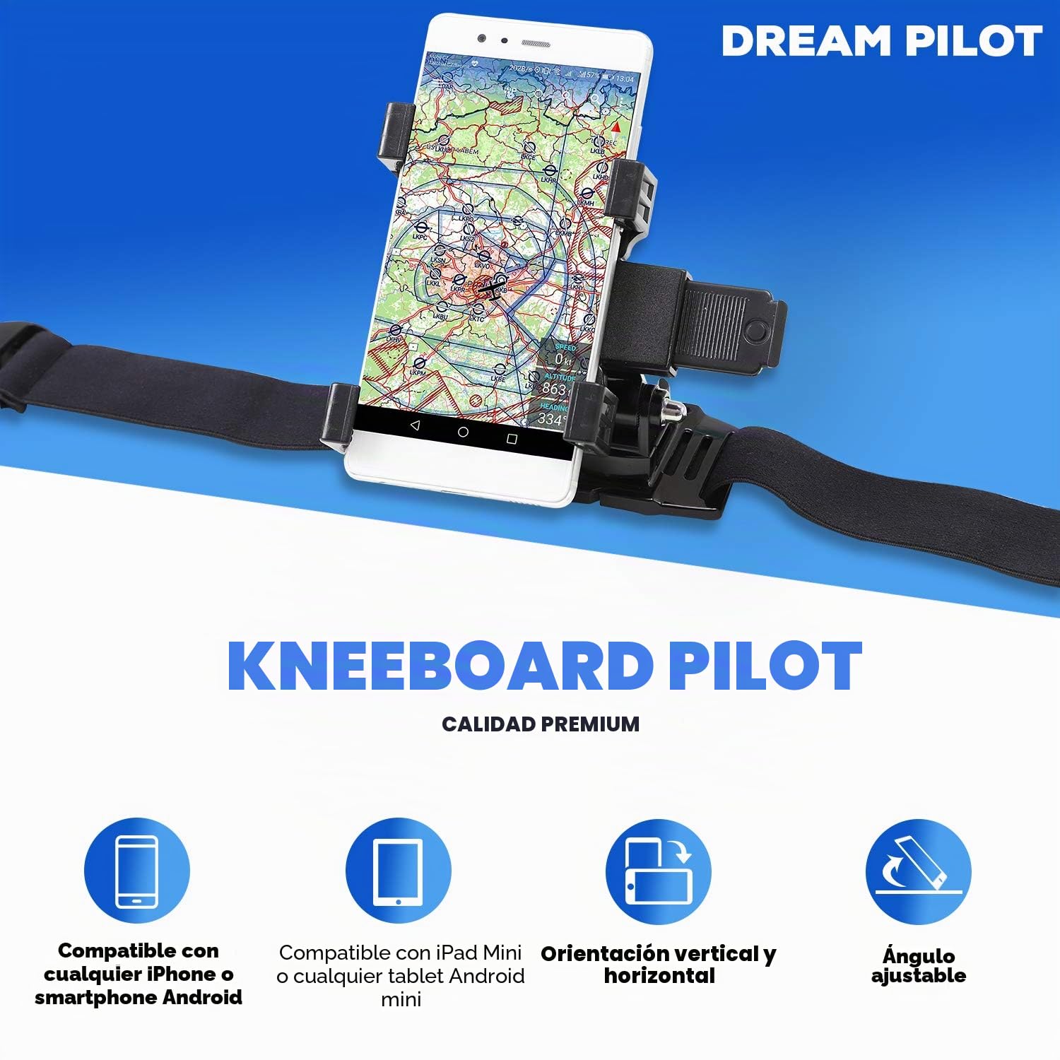 Dream Pilot Organizador de Rodilleras de piloto – Soporte para teléfono móvil y Tablet Compatible con Todos los Smartphones, Mini Tablets y iPad Mini para Pilotos y Conductores de Camiones – Fijación