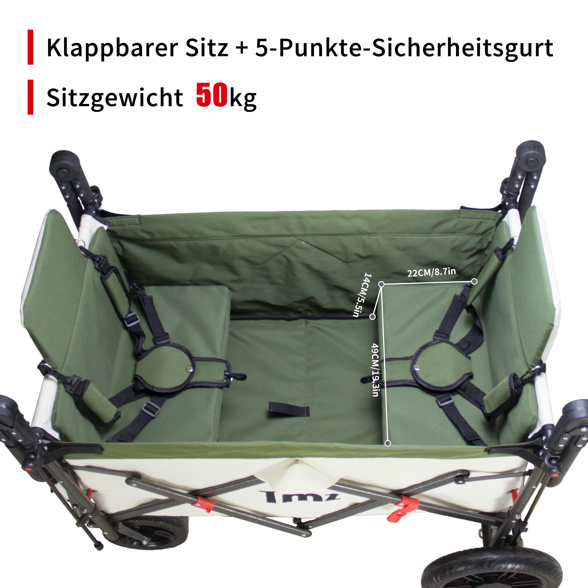TMZ Bollerwagen Faltbar mit Zwei Klappbaren Sitzen, Handwagen mit Dach&Bremse, Vorderseite Aufklappbar, Aufhängetasche und Vier Schnell Abnehmbaren Rädern für Camping Strand Einkauf Tier (Weiß/Grün)
