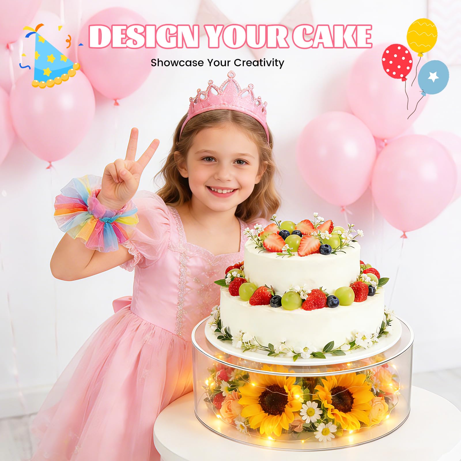 Espositore per torta a 3 ripiani in acrilico, vassoio per torte rotondo trasparente riempibile con 3 strisce luminose a LED (batterie non incluse) scatole impilabili per matrimoni, feste