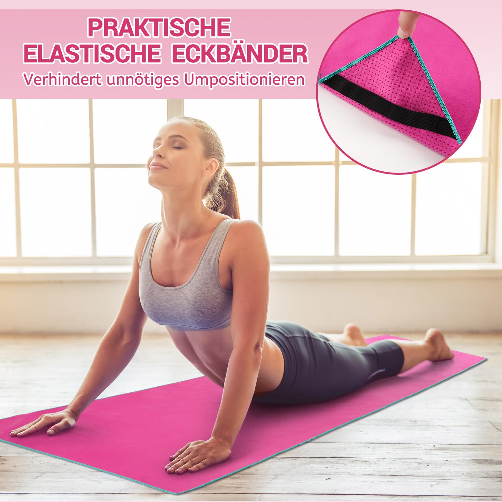 Novent Toalla de yoga antideslizante, 185 x 65 cm, toalla de yoga de microfibra con puntos antideslizantes, almohadilla higiénica para esterilla de yoga caliente, estudio y fitness, lavable