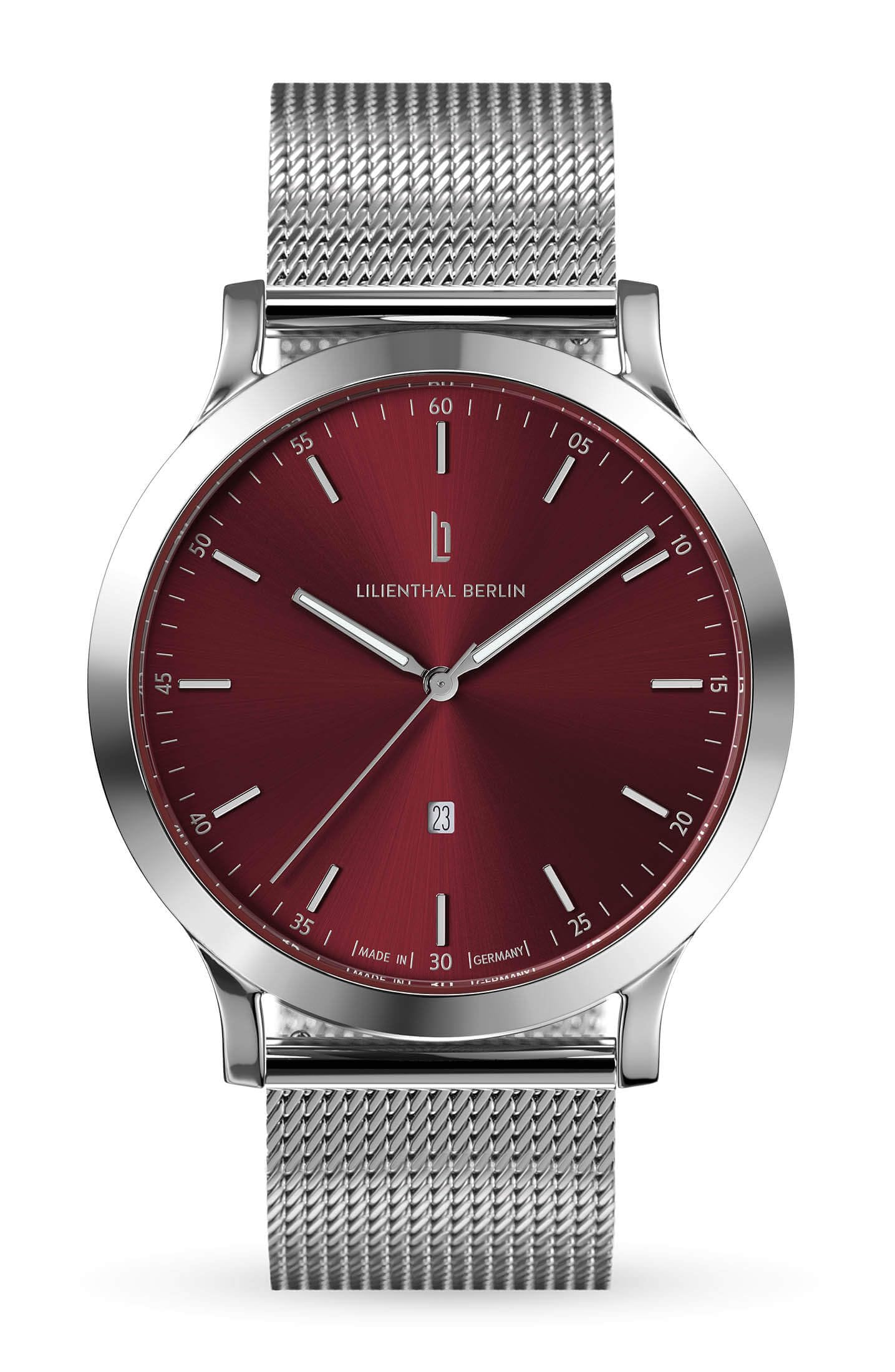 Lilienthal Berlin Orologio da uomo Huxley in Argento/Bordeaux - Orologio da polso in acciaio chirurgico 316L con movimento al quarzo e vetro minerale temperato zaffiro - 40 mm