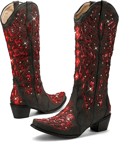 Western Cowboy Boots with Comfortable Calf Black Cowgirl Boot Women Sparkly Rhinestone Wedding Boots Trendy Vintage Tall Glitter Boot with Embroidery and Chunky Heel for Daily Wearing|Office|Party