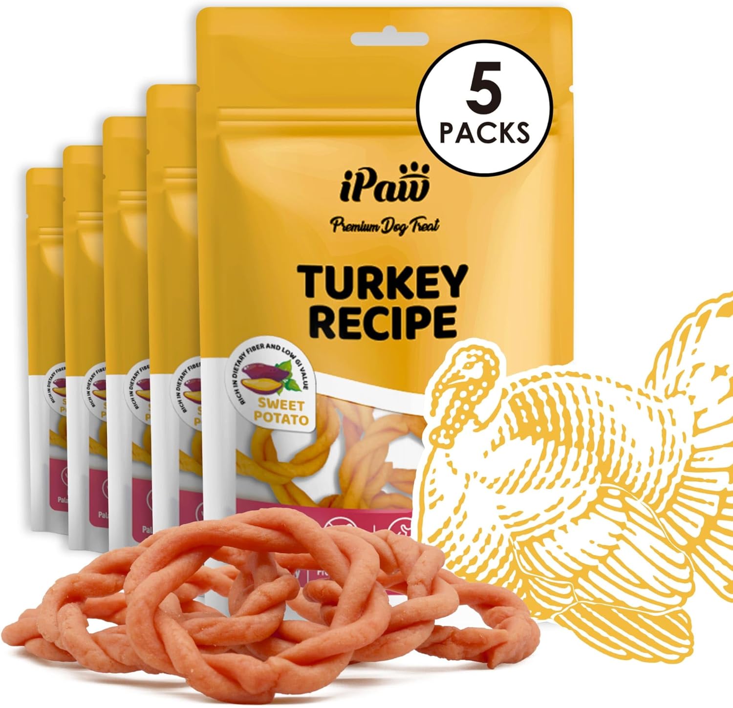 iPaw Turkey Dog Treats, All Natural Human Grade Dog Treat, Suitable for Training chew, Hypoallergenic, Rawhide Alternative, Ring (Sweet Potato), 5 Packs