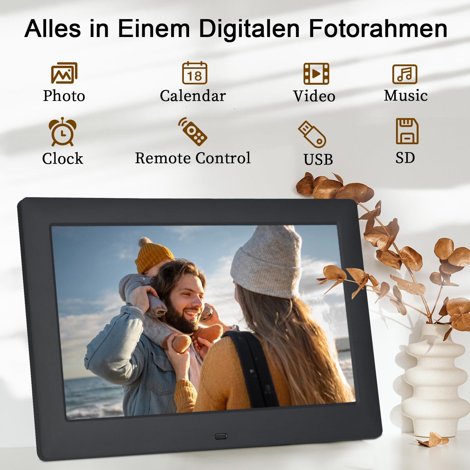 TSITSC 10.5 Zoll Digitaler Bilderrahmen, 1280 * 720 IPS Bildschirm Elektronischer Bilderrahmen Kalender/Uhrfunktion/Musik/Foto-/Videoplayer mit Fernbedienung, unterstützt USB/SD-Karte (Schwarz)