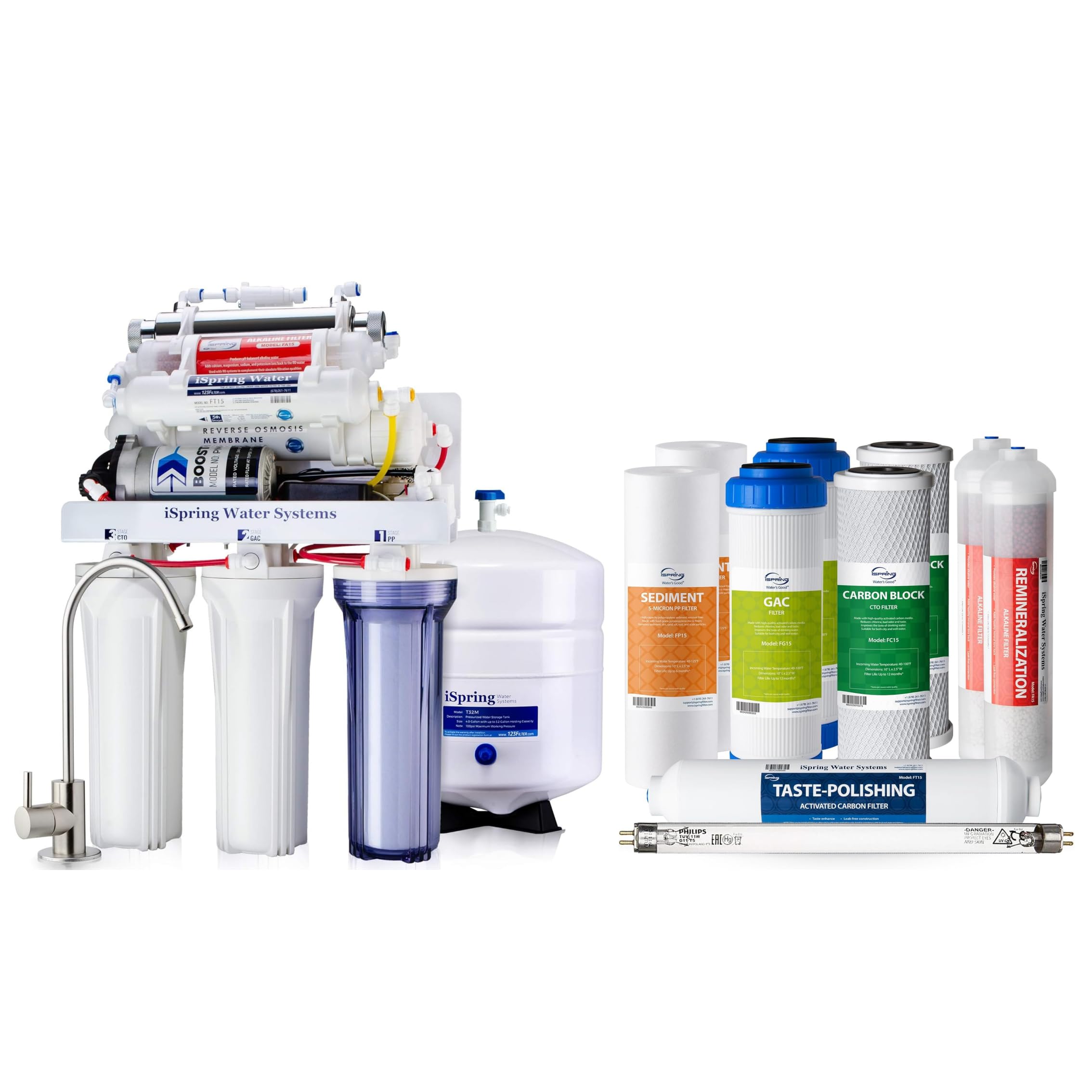 iSpring RCC1UP-AK Système de filtration d'eau par osmose inverse sous évier à 7 étages de 100 GPD + iSpring F10KU Jeu de filtres de remplacement certifié NSF pour 1 an