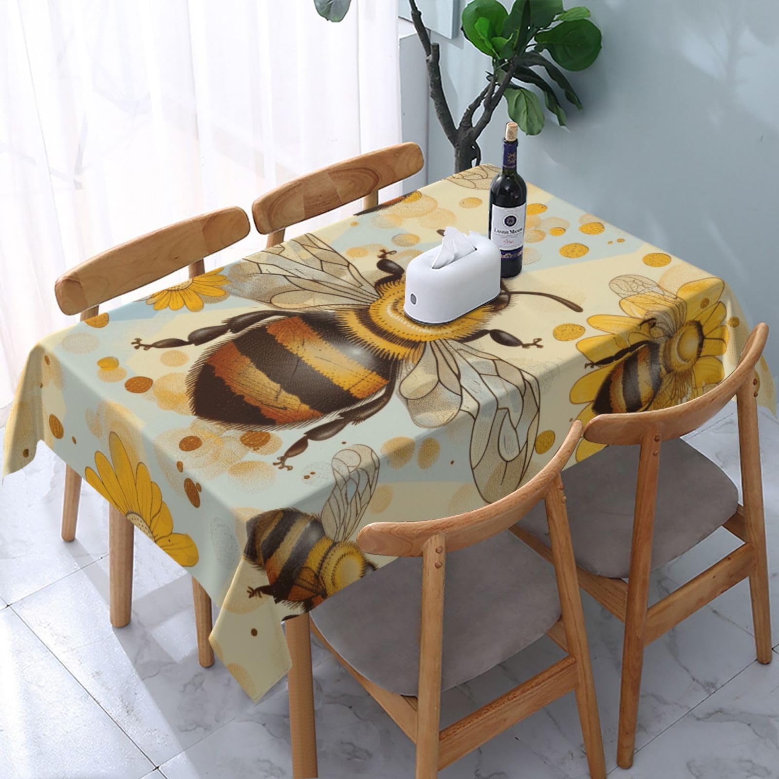 WPKJU Honey Bee Printed Tablecloth Water Resistant Table Cover Washable Rectangle Table Cloth for Tables 54x72 in