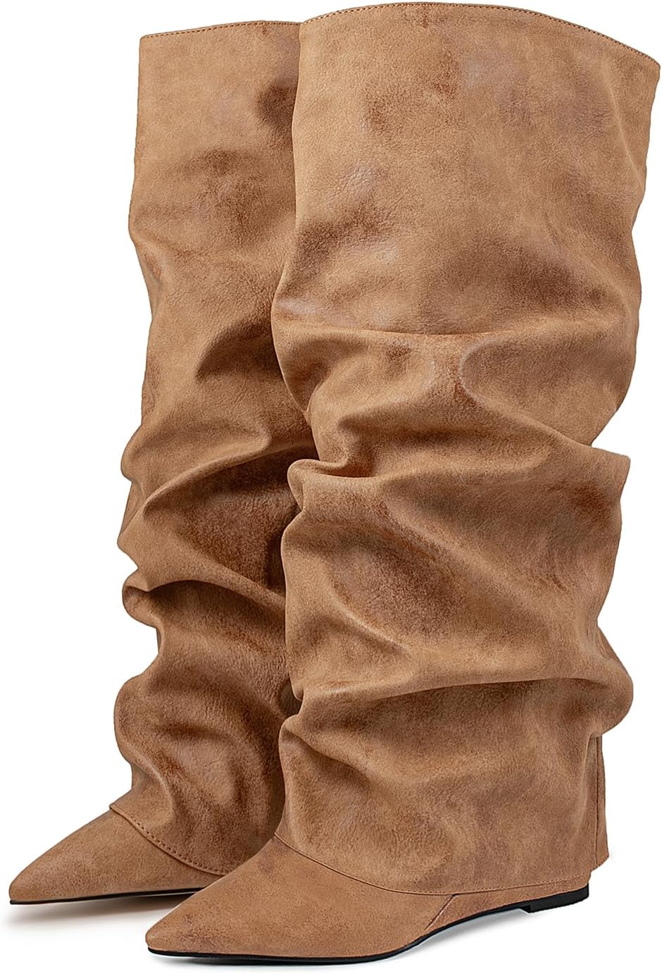 Burgundy Brown Pink Knee high boots Pointed-toe Fold Over Pleated Slip-on high wedge heels Slouchy Ruched Wide Calf Pull-on Tall Boot Dress boots - Image 3