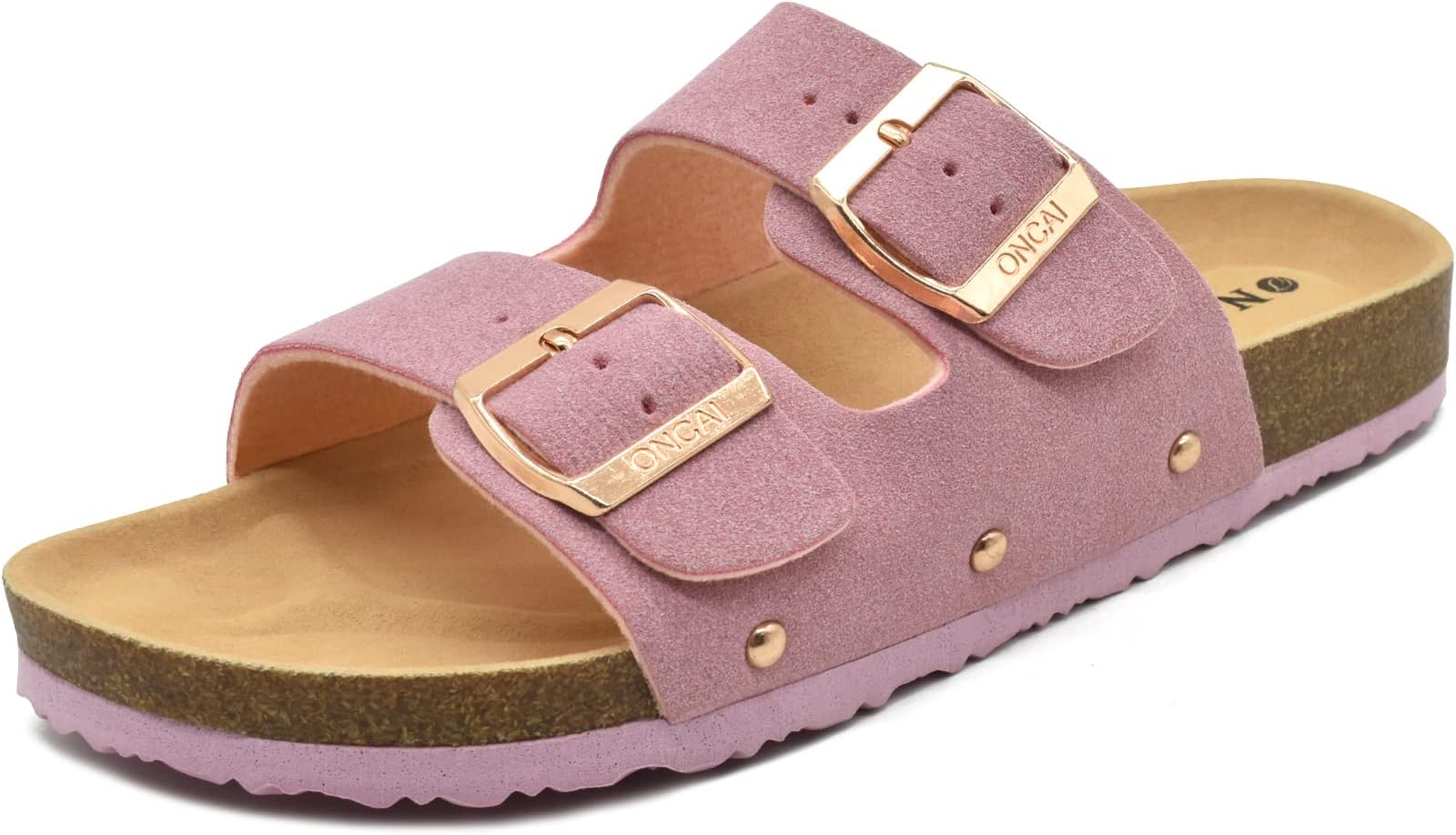 Womens Flat Slide Sandals with Arch Support 2 Strap Adjustable Buckle Slip on Slides Shoes Non Slip Rubber Sole