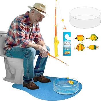 Novelty Place Potty Fisher Toilet Fishing Game Set - Fishing Rod with Hook Line & Sinker, Water Tank, Blue Cotton Mat & Door Sign - Funny Bathroom Fishing Practice Toy
