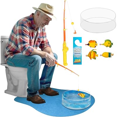 Novelty Place Potty Fisher Toilet Fishing Game Set - Fishing Rod with Hook Line & Sinker, Water Tank, Blue Cotton Mat & Door Sign - Funny Bathroom Fishing Practice Toy