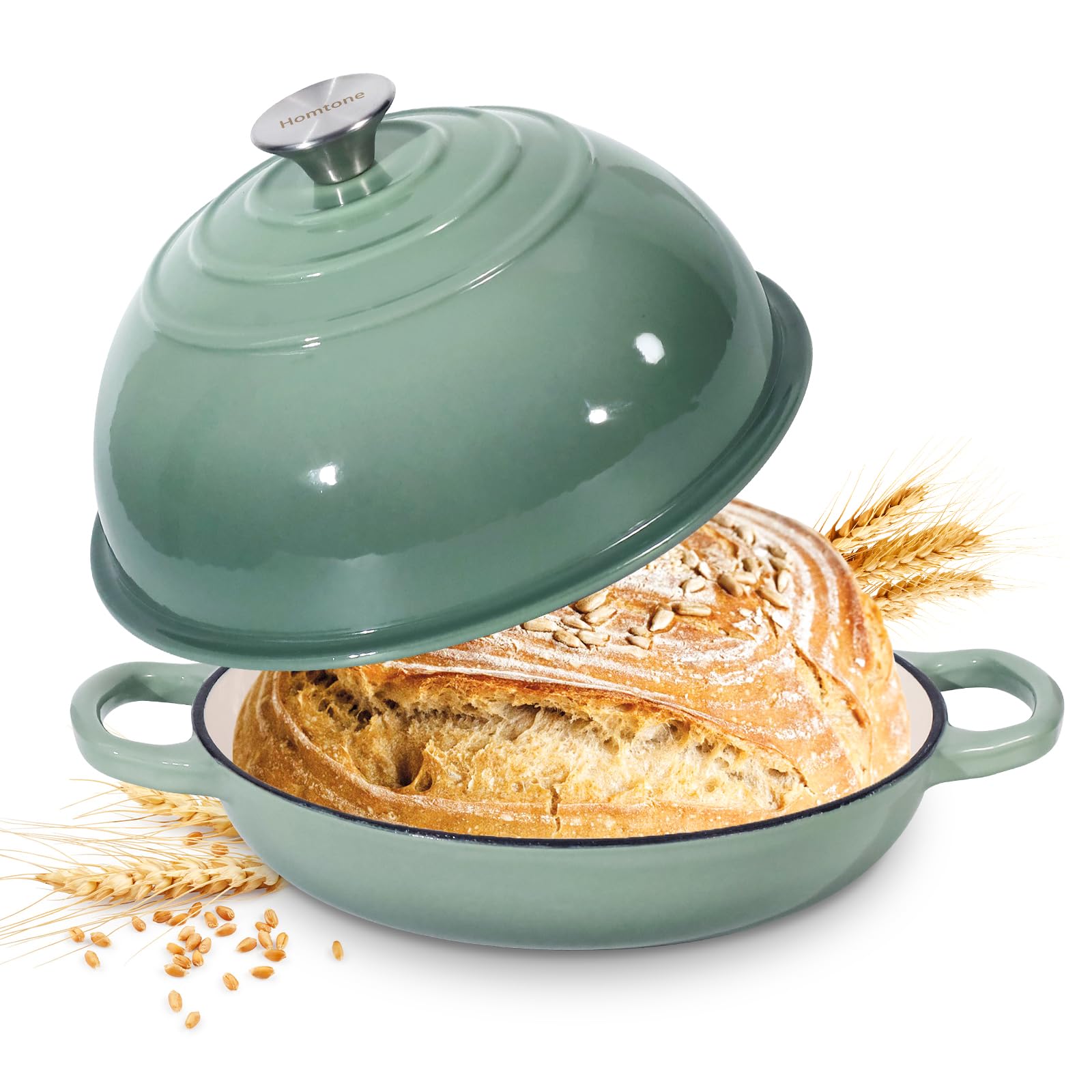 Homtone Horno holandés de hierro fundido esmaltado de 5,2 L/26 cm para pan de masa madre, olla holandesa con tapa abovedada, olla de pan de hierro fundido (verde polvoriento, estándar)