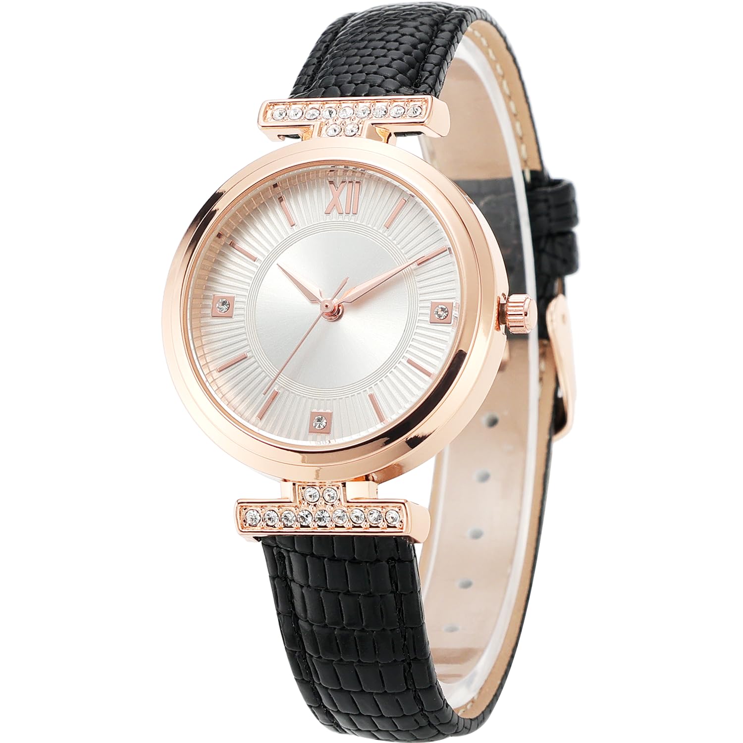 MOVEBEST Women's Watch, Classic Crystal Diamond Design Quartz Simulated Women's Watch, Black Breathable Leather Strap Rose Gold Dial
