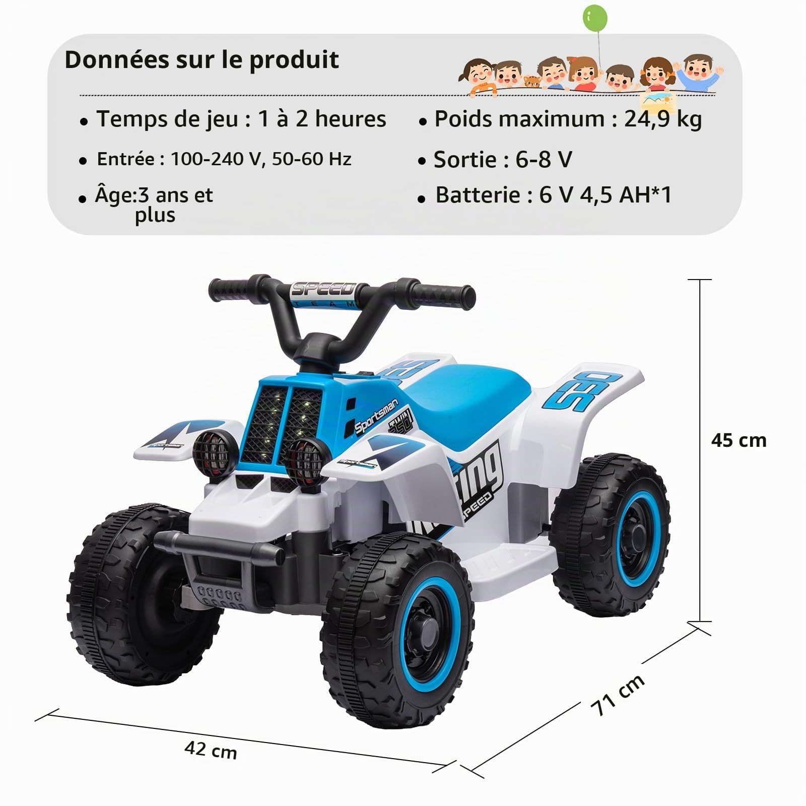 Garvee Quad Électrique Enfant 6V, Voiture Électrique pour Enfants avec LED Et Musique, 1,8 km/h avec Klaxon, Démarrage par Un Bouton, Longue Autonomie, ATV pour Enfants 3+ Ans