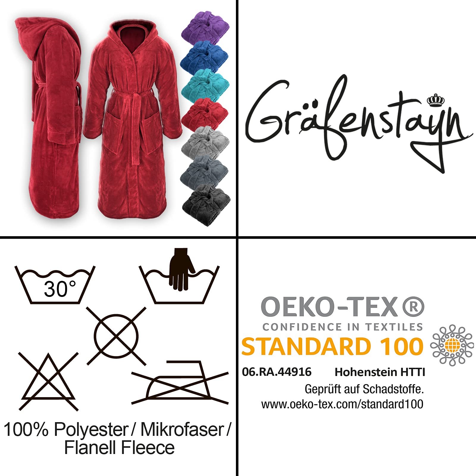 Gräfenstayn® Damen & Herren Kuschelfleece Bademantel mit Kapuze Größe S-XXXL mit Öko-Tex Standard 100 Flanell Fleece